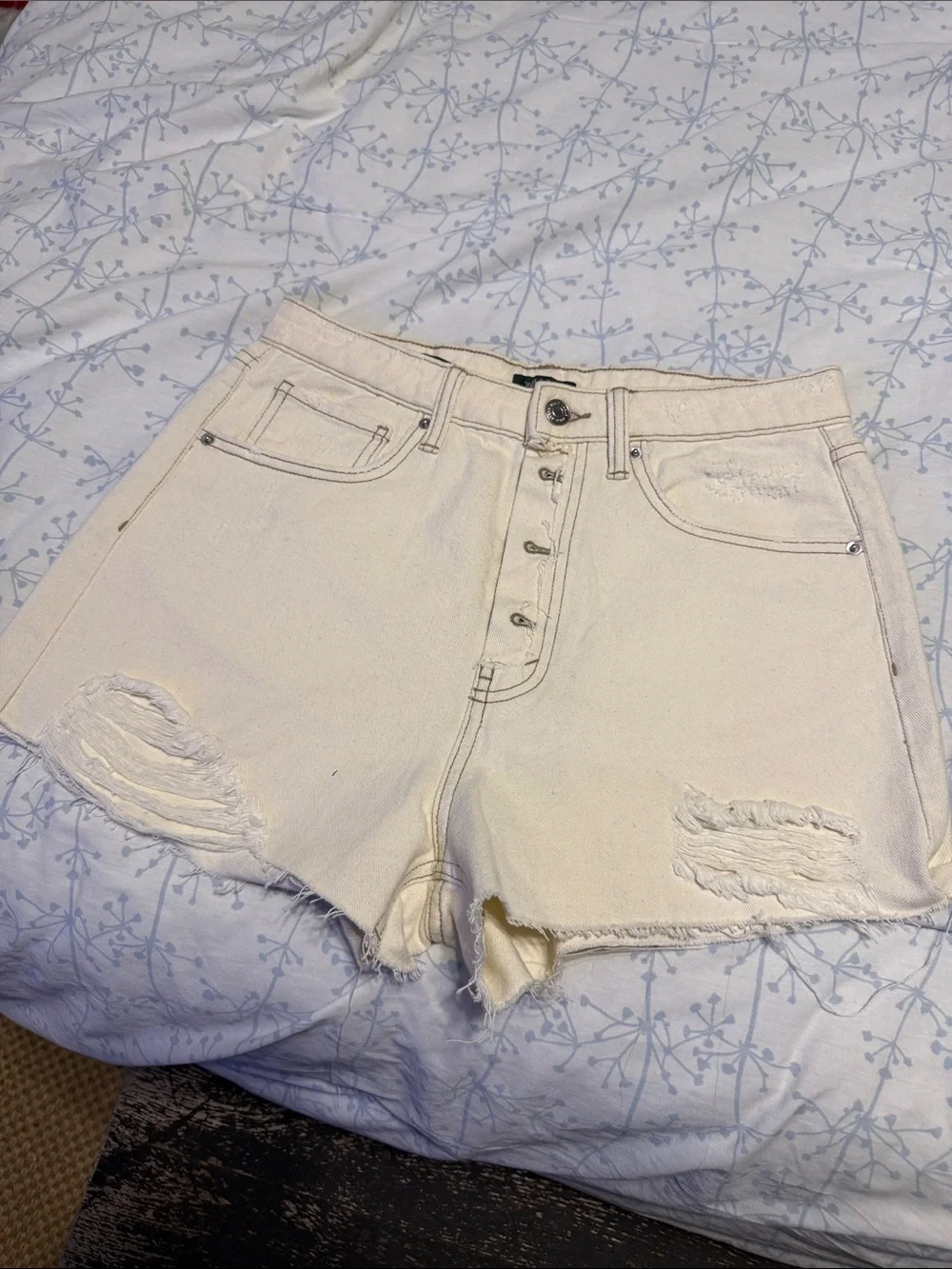 wild fable Cream Distressed High-Rise Button-Fly Denim Shorts